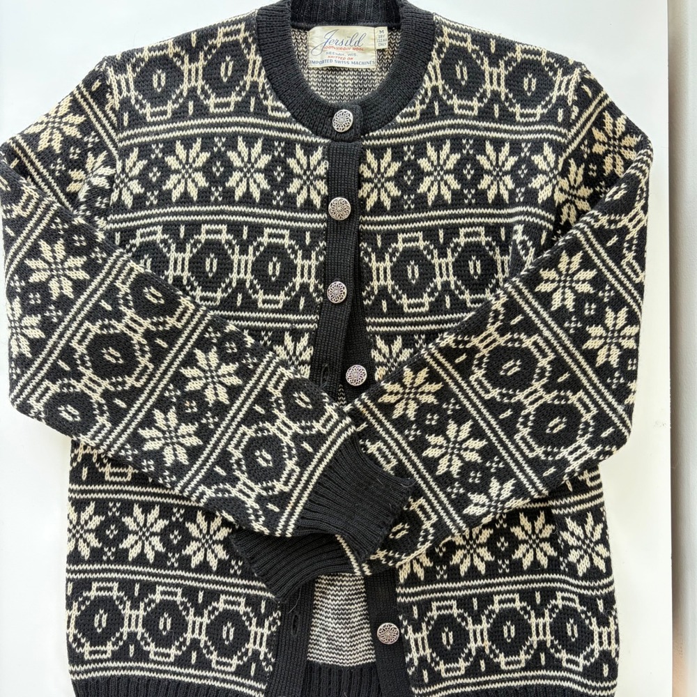 Jersild Vintage Nordic Snowflake Virgin Wool Cardigan Black Cream Metal Buttons